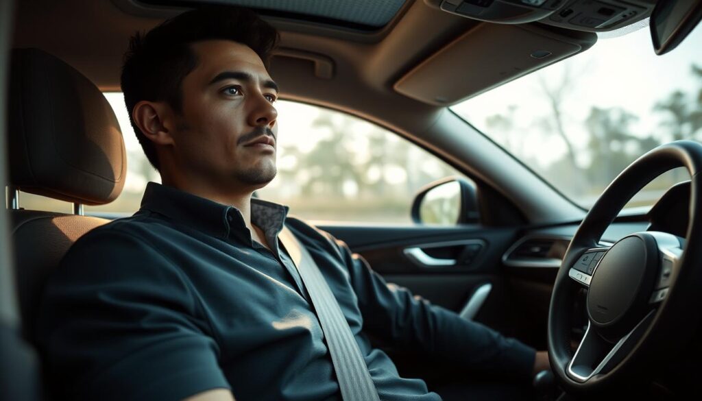 A well-buckled driver in a vehicle, focused and attentive, surrounded by a detailed interior with a sleek dashboard and steering wheel. The seatbelt cuts diagonally across the chest, emphasizing its safety function. Soft lighting illuminates the scene, creating a sense of security and control. The angle captures the driver's perspective, highlighting the importance of the seatbelt in maintaining command of the vehicle and protecting against potential collisions. The image conveys the essential role of the seatbelt in the driver's safety and the overall driving experience. قوانين استعمال حزام الأمان في المغرب