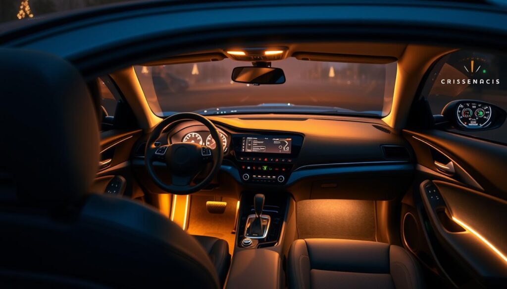 A well-designed car interior with thoughtful lighting that enhances the driver's experience. The dashboard is illuminated with a soft, warm glow, casting a comforting ambiance throughout the cabin. Precise task lighting is directed onto the steering wheel and control panels, ensuring excellent visibility and control. Subtle accent lights along the door panels and center console create a sense of depth and sophistication. The lighting seamlessly integrates with the vehicle's sleek, modern aesthetics, creating a harmonious and immersive driving environment that reduces eye strain and fatigue, ultimately promoting safety and comfort.