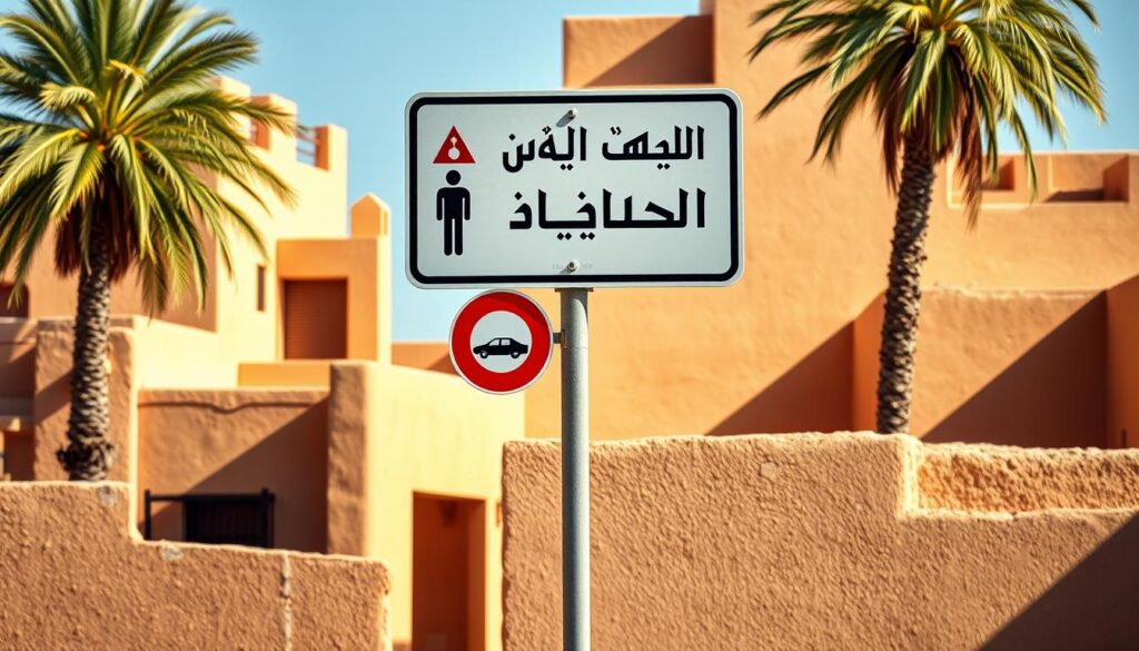 A well-designed road sign in Morocco, standing prominently against a backdrop of warm, earthy tones. The sign features a bold, minimalist design with clear pictograms and Arabic script, guiding drivers and pedestrians with authority and simplicity. Crisp shadows cast by the midday sun accentuate the sign's three-dimensional form, while the surrounding landscape of adobe buildings and palm trees creates a harmonious, traditional aesthetic. The overall composition conveys a sense of practical functionality seamlessly integrated into the local architectural and cultural fabric. A well-designed road sign in Morocco, standing prominently against a backdrop of warm, earthy tones. The sign features a bold, minimalist design with clear pictograms and Arabic script, guiding drivers and pedestrians with authority and simplicity. Crisp shadows cast by the midday sun accentuate the sign's three-dimensional form, while the surrounding landscape of adobe buildings and palm trees creates a harmonious, traditional aesthetic. The overall composition conveys a sense of practical functionality seamlessly integrated into the local architectural and cultural fabric.