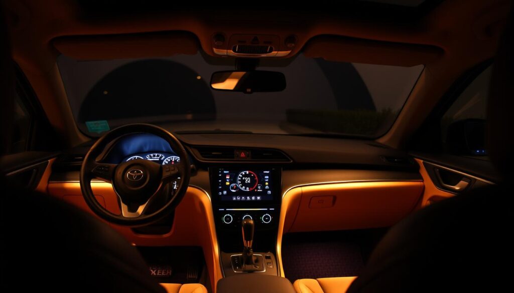 A well-lit and cozy interior of a modern car cabin, with the dashboard and center console softly illuminated by subtle ambient lighting. The cabin is bathed in a warm, inviting glow, with the illumination subtly accentuating the contours and textures of the dashboard, steering wheel, and other interior elements. The lighting is adjustable, allowing the driver to customize the cabin ambiance to their preference. The lighting is uniform and free of any harsh shadows or hot spots, creating a harmonious and relaxing atmosphere within the vehicle.