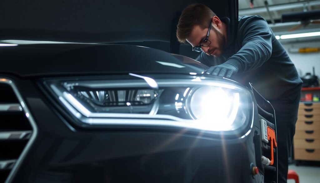 A well-lit automotive repair workshop, with a car in the foreground. The mechanic is leaning over the open hood, adjusting the headlights. Bright task lighting illuminates the engine bay, casting crisp shadows. The headlights are turned on, their beams reflecting off the polished chrome trim. The workshop is clean and organized, with tools and equipment neatly arranged. The overall mood is one of focus and attention to detail, capturing the process of properly aligning and adjusting the vehicle's headlights.