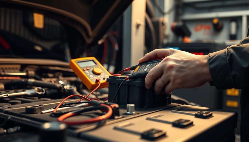 A well-lit automotive workshop interior, with a mechanic's hands closely inspecting a car battery using a multimeter. The battery is the focal point, surrounded by various tools and equipment like wrenches, sockets, and a battery charger in the background. The lighting is warm and focused, creating a sense of care and attention to detail in the diagnostic process. The overall mood is one of professional expertise and diligence in maintaining the vehicle's electrical systems. كيفية صيانة السيارة قبل السفر