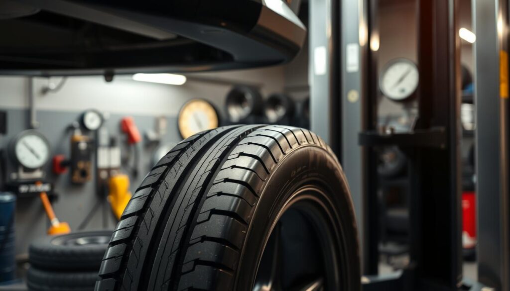 A well-lit automotive workshop, with a car's tires prominently displayed in the foreground. The tires are elevated on a hydraulic lift, allowing for a close examination of the tread depth, sidewall condition, and overall wear. The background features various tire-related tools and equipment, such as a tire pressure gauge, a tread depth gauge, and a balancing machine, all bathed in a warm, inviting lighting. The scene conveys a sense of meticulous attention to detail and a focus on ensuring the vehicle's safety and roadworthiness before embarking on a journey. كيفية صيانة السيارة قبل السفر