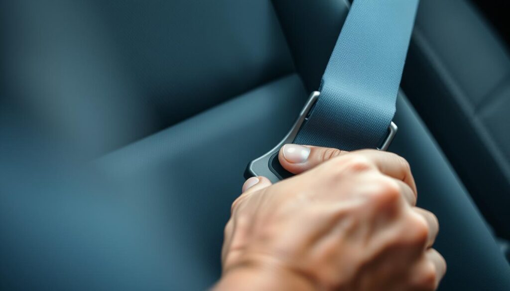 A well-lit, close-up view of a person's hand carefully inspecting the condition of a car's seatbelt. The seatbelt is shown in detail, with the user meticulously examining the buckle, webbing, and points of attachment. The lighting is bright and even, illuminating the texture and materials of the seatbelt components. The background is slightly blurred, keeping the focus on the intricate inspection process. The overall atmosphere conveys a sense of diligence and attention to safety, emphasizing the importance of proper seatbelt maintenance. A well-lit, close-up view of a person's hand carefully inspecting the condition of a car's seatbelt. The seatbelt is shown in detail, with the user meticulously examining the buckle, webbing, and points of attachment. The lighting is bright and even, illuminating the texture and materials of the seatbelt components. The background is slightly blurred, keeping the focus on the intricate inspection process. The overall atmosphere conveys a sense of diligence and attention to safety, emphasizing the importance of proper seatbelt maintenance.