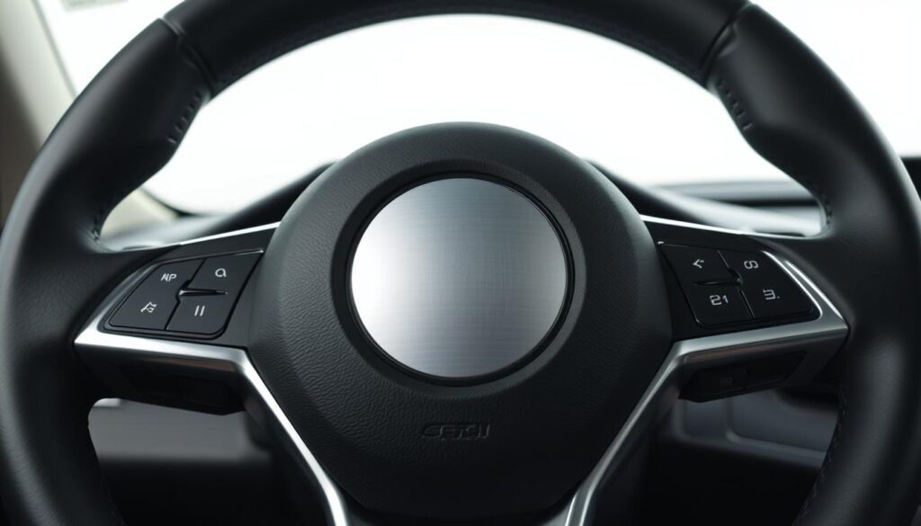 A well-lit, close-up view of the interior of a car dashboard, showcasing the airbag deployment cover in the center of the steering wheel. The airbag cover should have a clean, modern design with a metallic or matte finish, reflecting the high-tech nature of the safety feature. The image should capture the airbag cover in sharp focus, with the surrounding dashboard elements slightly blurred to emphasize the importance of this vital safety component. The lighting should be bright and even, creating a sense of clarity and precision. The overall mood should convey a feeling of security and advanced automotive engineering. A well-lit, close-up view of the interior of a car dashboard, showcasing the airbag deployment cover in the center of the steering wheel. The airbag cover should have a clean, modern design with a metallic or matte finish, reflecting the high-tech nature of the safety feature. The image should capture the airbag cover in sharp focus, with the surrounding dashboard elements slightly blurred to emphasize the importance of this vital safety component. The lighting should be bright and even, creating a sense of clarity and precision. The overall mood should convey a feeling of security and advanced automotive engineering.