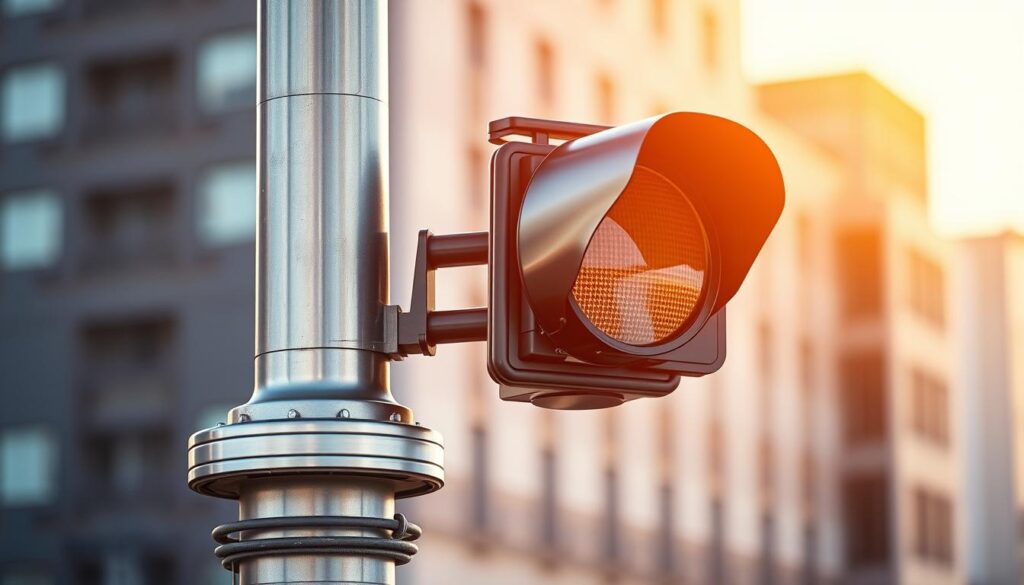 A well-lit, detailed image of a carefully installed traffic signal pole, showcasing its sturdy construction and proper alignment. The pole stands tall against a softly blurred urban backdrop, its metal surface gleaming under the warm sunlight. The signal head is precisely mounted, its lenses clear and unobstructed, ready to guide drivers and pedestrians. The base of the pole is firmly anchored, with neatly arranged conduits and cables. The overall scene conveys a sense of order, professionalism, and attention to safety in the installation and maintenance of this crucial road infrastructure element.