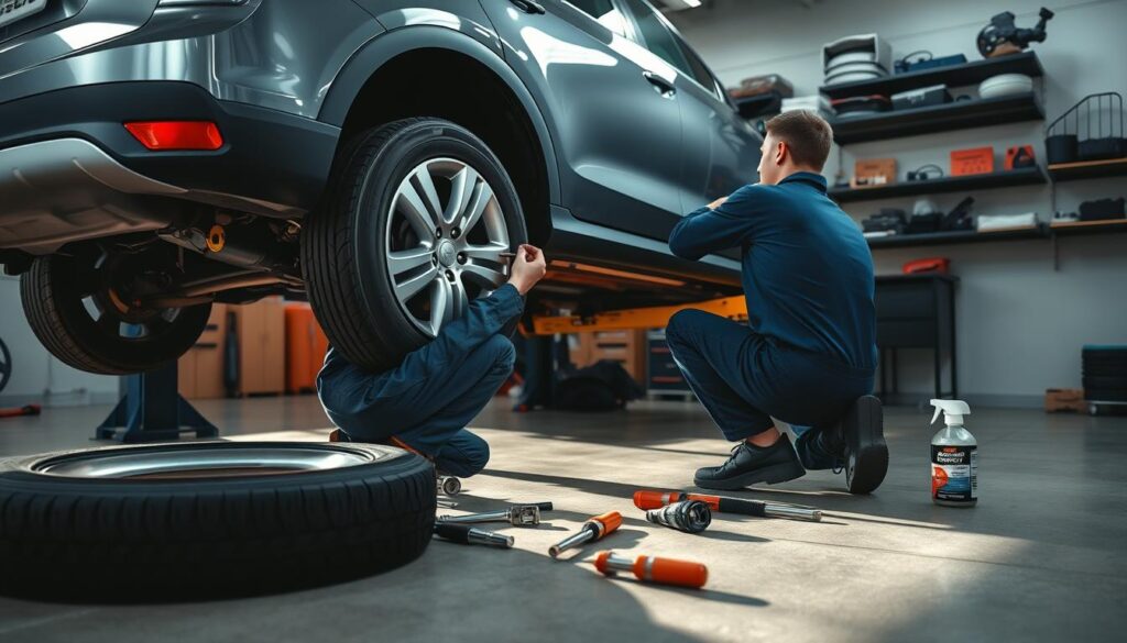 A well-lit garage interior, with a car lifted on a hydraulic jack. In the foreground, a person in a blue jumpsuit kneels beside the car, meticulously removing the lug nuts from the tire. Scattered around are various tools, a spare tire, and a bottle of tire sealant. The lighting casts long shadows, creating a sense of depth and focus on the task at hand. The background features shelves with car parts and accessories, conveying a professional, well-equipped workspace. The scene exudes a sense of safety, expertise, and attention to detail, reflecting the care required when changing a car's tires.