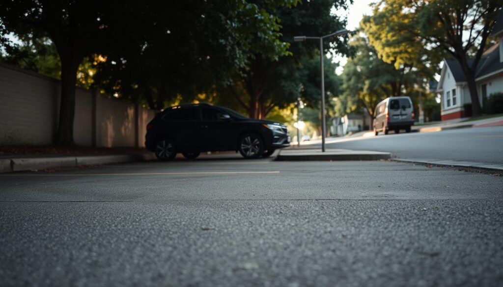 A well-lit, secluded corner of a parking lot or a flat, paved surface on the side of a quiet residential street. The ground is clear of debris, with ample space to safely position the vehicle. Soft, diffused natural lighting filters through the trees, creating a calm, serene atmosphere. The scene evokes a sense of tranquility and security, ideal for the delicate task of changing a car's tire without distractions or potential hazards. The camera angle captures the scene from a low, ground-level perspective, emphasizing the sense of a safe, contained environment.