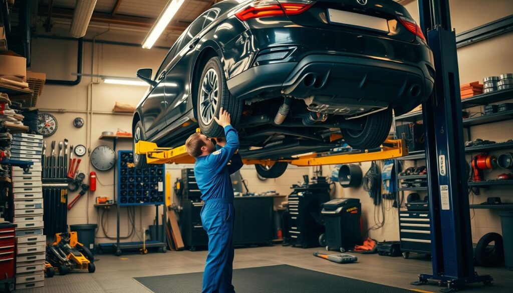A well-lit workshop interior, with a car lifted on a hydraulic lift, surrounded by various automotive tools and equipment. The mechanic, wearing a blue jumpsuit, is carefully inspecting the undercarriage, checking for any wear or damage. The walls are lined with shelves stocked with replacement parts, while the floor is covered in a protective rubber mat. Warm, ambient lighting creates a sense of focused attention and diligence, emphasizing the importance of regular maintenance for vehicle safety and longevity.