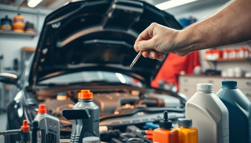A well-lit workshop scene, with a mechanic's hand carefully removing the dipstick from a car's engine to check the oil level. The engine bay is visible in the middle ground, showcasing the intricate details of the motor. In the foreground, various tools and oil bottles are neatly arranged, creating a sense of order and professionalism. The background features a clean, organized work environment, with shelves and cabinets containing automotive supplies. The lighting is warm and natural, casting a subtle glow on the scene, highlighting the importance of this routine maintenance task. The overall mood is one of focused attention and attention to detail, reflecting the significance of properly checking the engine oil. A well-lit workshop scene, with a mechanic's hand carefully removing the dipstick from a car's engine to check the oil level. The engine bay is visible in the middle ground, showcasing the intricate details of the motor. In the foreground, various tools and oil bottles are neatly arranged, creating a sense of order and professionalism. The background features a clean, organized work environment, with shelves and cabinets containing automotive supplies. The lighting is warm and natural, casting a subtle glow on the scene, highlighting the importance of this routine maintenance task. The overall mood is one of focused attention and attention to detail, reflecting the significance of properly checking the engine oil.