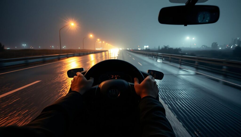 A wet, rainy highway at night, with a lone car navigating cautiously through the puddles and reflecting streetlights. The driver's hands gripping the steering wheel, their face focused and alert. In the background, a hazy cityscape with dimly lit buildings and the faint glow of headlights in the distance. The scene is illuminated by a soft, diffused lighting, creating a moody and atmospheric ambiance. The car's tires leave rippling trails in the pools of water on the road, emphasizing the slippery conditions. The overall composition conveys a sense of the challenges and precautions involved in driving safely during inclement weather. السياقة في الأجواء المناخية العصيبة
