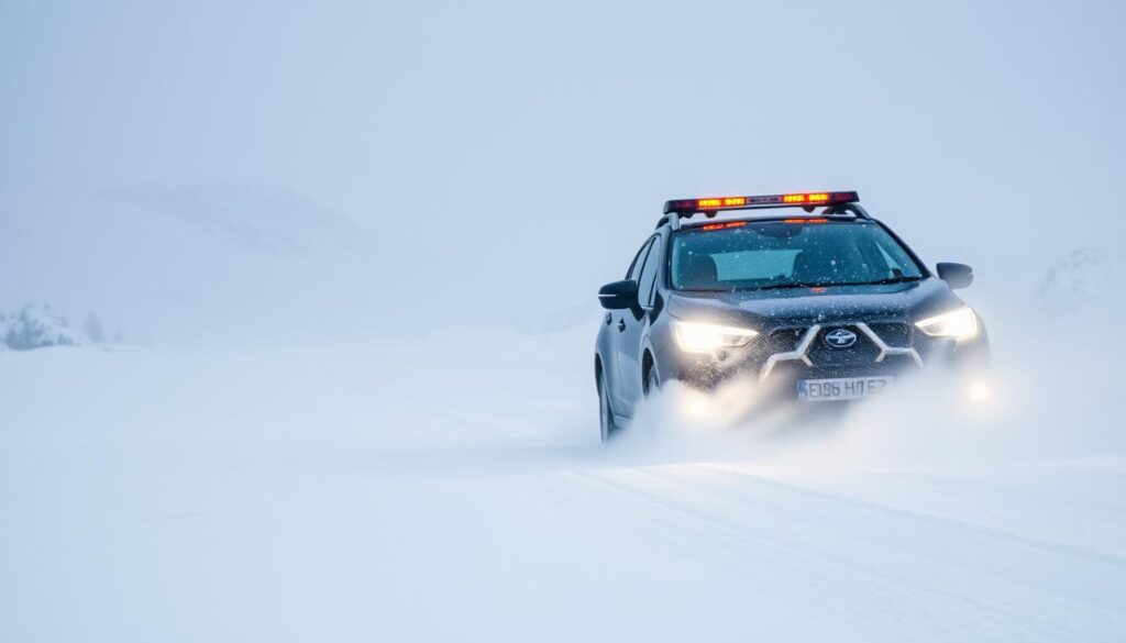 A winter landscape with heavy snowfall, featuring a well-equipped vehicle navigating through the treacherous conditions. The car's headlights pierce the blizzard, illuminating the snowy road ahead. In the foreground, snow chains and emergency supplies are visible, underscoring the driver's preparedness. The middle ground showcases the vehicle's advanced safety features, such as adaptive cruise control and lane-keeping assist. In the background, a snow-covered mountain range sets the scene, emphasizing the challenging weather. The overall mood is one of determination and resilience, capturing the essence of safely driving in harsh winter conditions. السياقة في الأجواء المناخية العصيبة