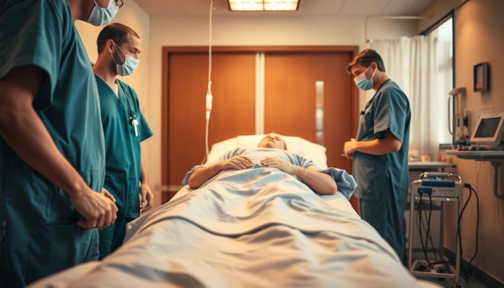 Detailed medical procedures in a well-lit hospital setting. A patient lying on an examination table, surrounded by attentive medical staff in scrubs. Equipment such as an IV drip, bandages, and diagnostic tools visible. The atmosphere is one of professionalism and care, conveying the importance of proper post-accident medical attention. Warm lighting casts a soothing glow, while the scene is framed to emphasize the medical staff's focused attention on the patient's wellbeing. Crisp, realistic details throughout to depict the critical medical steps taken after a traffic accident.