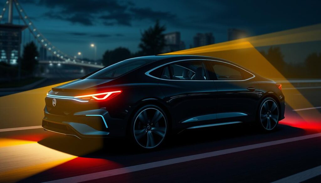 Detailed technical illustration of cutting-edge adaptive lighting systems for nighttime driving. Showcase a sleek, modern vehicle equipped with advanced headlights, taillights, and interior ambient lighting, all seamlessly integrated to enhance visibility and safety. Highlight the dynamic, adaptive nature of the lighting, adjusting automatically based on road conditions, weather, and traffic. Depict the lighting elements with a sense of high-tech sophistication, utilizing clean lines, minimalist design, and subtle illumination effects. Convey a balance of functionality and aesthetic appeal, reflecting the latest advancements in automotive lighting technology. Detailed technical illustration of cutting-edge adaptive lighting systems for nighttime driving. Showcase a sleek, modern vehicle equipped with advanced headlights, taillights, and interior ambient lighting, all seamlessly integrated to enhance visibility and safety. Highlight the dynamic, adaptive nature of the lighting, adjusting automatically based on road conditions, weather, and traffic. Depict the lighting elements with a sense of high-tech sophistication, utilizing clean lines, minimalist design, and subtle illumination effects. Convey a balance of functionality and aesthetic appeal, reflecting the latest advancements in automotive lighting technology.