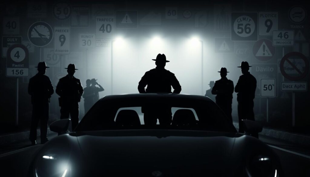 Imposing traffic laws and penalties: A stark visual of a dimly lit road, the silhouettes of law enforcement officers standing vigilant, their uniforms casting long shadows. In the foreground, a car's headlights pierce the darkness, evoking a sense of unease. The background is a collage of traffic signs, speed limits, and symbols of intoxication, underscoring the gravity of driving under the influence. The scene conveys the weight of consequences, the importance of responsible driving, and the need for international collaboration to address this critical issue.