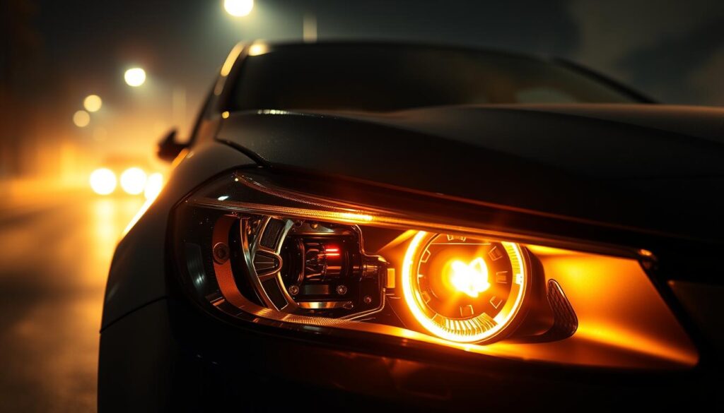 Nighttime car headlights, their beams piercing the darkness with a warm, golden glow. The lenses, meticulously polished, reflect the surrounding environment, creating a dreamlike ambiance. The headlight assemblies, neatly integrated into the sleek vehicle design, emit a soft, even illumination, guiding the driver's path ahead. In the foreground, the intricate inner workings of the headlight system are visible, showcasing the technical precision required for safe and effective nighttime driving. The background fades into a soft, atmospheric haze, emphasizing the focus on the headlight mechanics. This image captures the essence of the technical aspects of headlight maintenance and replacement, essential for the safe operation of a vehicle during night conditions. قواعد استعمال الأضواء أثناء القيادة ليلاً.