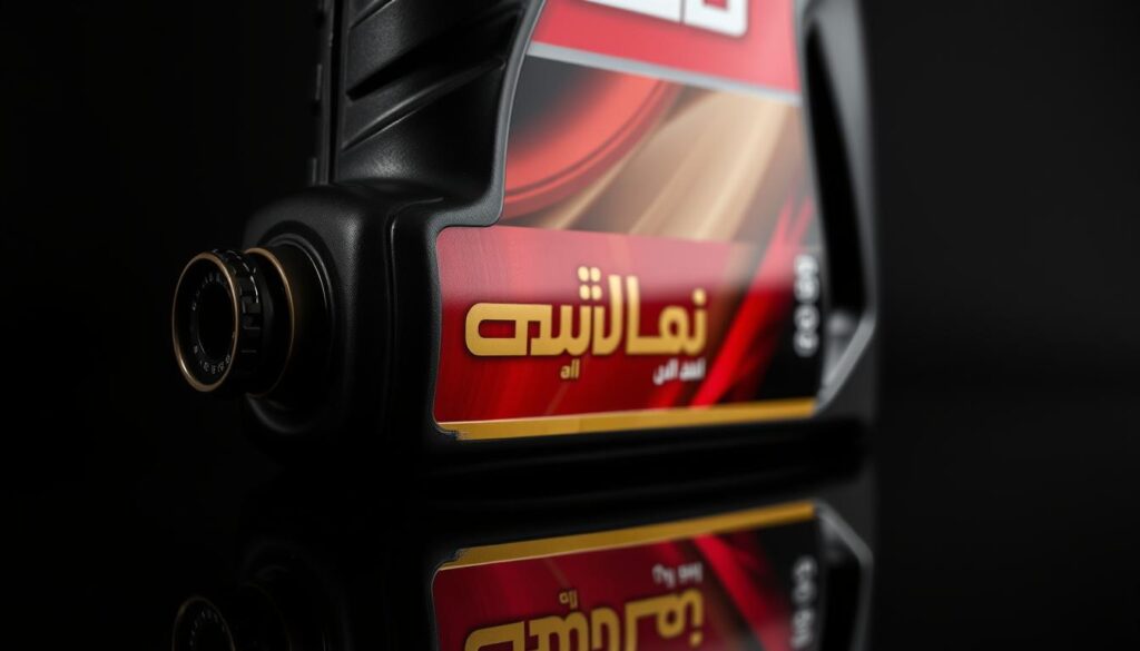 a detailed close-up shot of an automotive engine oil bottle, capturing the bold red and gold label with the Arabic text "زيت المحرك" prominently displayed. The bottle is placed on a reflective black surface, creating a high-contrast and dramatic lighting setup that emphasizes the glossy and reflective nature of the bottle. The image has a sleek, modern, and technical aesthetic, conveying a sense of precision and engineering excellence. The composition is tight and focused, drawing the viewer's attention to the essential details of the oil bottle. a detailed close-up shot of an automotive engine oil bottle, capturing the bold red and gold label with the Arabic text "زيت المحرك" prominently displayed. The bottle is placed on a reflective black surface, creating a high-contrast and dramatic lighting setup that emphasizes the glossy and reflective nature of the bottle. The image has a sleek, modern, and technical aesthetic, conveying a sense of precision and engineering excellence. The composition is tight and focused, drawing the viewer's attention to the essential details of the oil bottle.